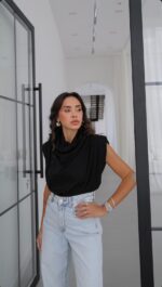 Black Sleeveless Cowl Neck Top