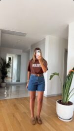 High Waisted Blue Denim Shorts - Image 3