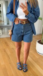 High Waisted Blue Denim Shorts - Image 2