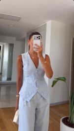 Light Blue Lace Vest and Pants Set - Image 2