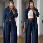 Denim Shirt and Wide Leg Pants Set