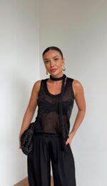 Black Sheer Knit Sleeveless Top