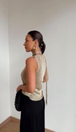Gold Metallic Sleeveless Knit Top - Image 2