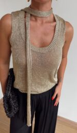 Gold Metallic Sleeveless Knit Top - Image 3