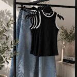 Black Sleeveless Knit Tank Top With White Trim