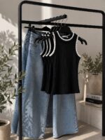 Black Sleeveless Knit Tank Top With White Trim