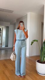 Light Blue Sleeveless Wide Leg Set