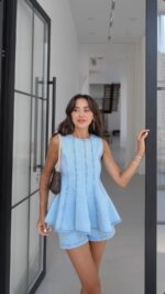 Sleeveless Light Blue Denim Peplum Set