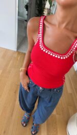 Red Ribbed Tank Top With White Trim - Image 2