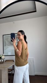 Gold Textured Sleeveless V-Neck Top - Image 3