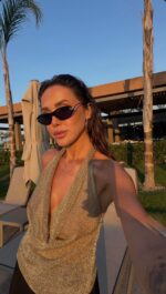 Golden Hour Metallic Cowl-Neck Halter Top - Image 2