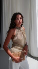 Gold Metallic Halter Neck Top - Image 2