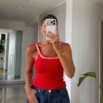 Red Ribbed Tank Top With White Trim