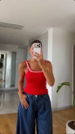 Red Ribbed Tank Top With White Trim
