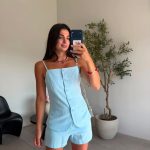 Light Blue Linen Vest and Shorts Set