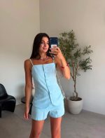 Light Blue Linen Vest and Shorts Set