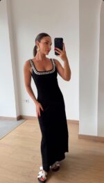 Black Maxi Dress With Silver Stud Trim - Image 2