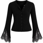 Black Ribbed Cardigan With Lace Bell Sleeves