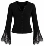 Black Ribbed Cardigan With Lace Bell Sleeves