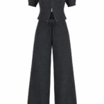 Black Knit Short Sleeve Pants Set