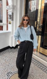 Light Blue Cable Knit Half-Zip Sweater - Image 2