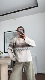 Beige Fair Isle Pattern Knit Sweater - Image 2