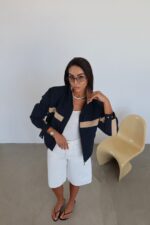 Navy and Beige Zip Up Track Jacket - Image 3