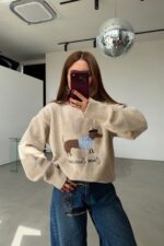 Beige Sweater With Dachshund Dog Print - Image 2