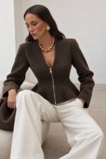 Brown Peplum Zip-Up Cardigan - Image 2