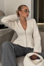 Ivory Peplum Knit Zip Cardigan - Image 3