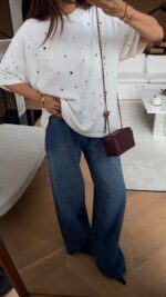 White T-Shirt With Multicolor Rhinestone Accents - Image 3