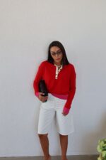 Red Long Sleeve Polo Collar Sweater - Image 2