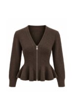 Brown Peplum Zip-Up Cardigan