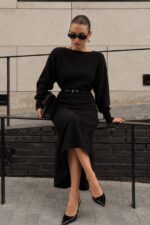 Black Belted Long Sleeve Midi Dress - Image 2