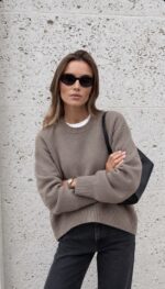 Taupe Crew Neck Knit Sweater - Image 2