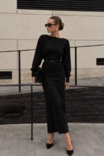 Black Belted Long Sleeve Midi Dress - Image 3