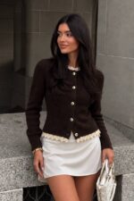 Brown Ribbed Cardigan With Lace Trim - Image 3