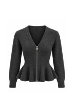 Charcoal Peplum Zip-Up Knit Cardigan