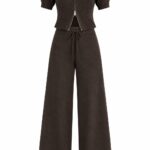 Brown Knit Wide Leg Pant Set