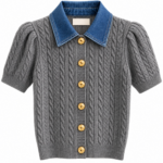 Gray Cable Knit Cardigan With Denim Collar