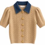 Cable Knit Short Sleeve Cardigan With Denim Collar