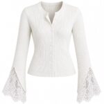 White Ribbed Cardigan With Lace Bell Sleeves