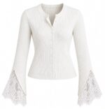 White Ribbed Cardigan With Lace Bell Sleeves