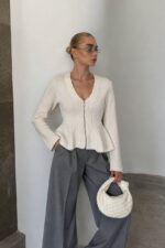 Ivory Peplum Knit Zip Cardigan - Image 2