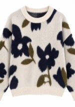 Cream Floral Knit Pullover Sweater