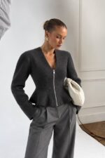 Charcoal Peplum Zip-Up Knit Cardigan - Image 2