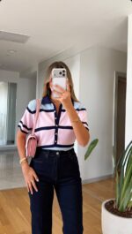 Striped Button-Up Short Sleeve Polo Sweater - Image 2