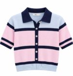 Striped Button-Up Short Sleeve Polo Sweater