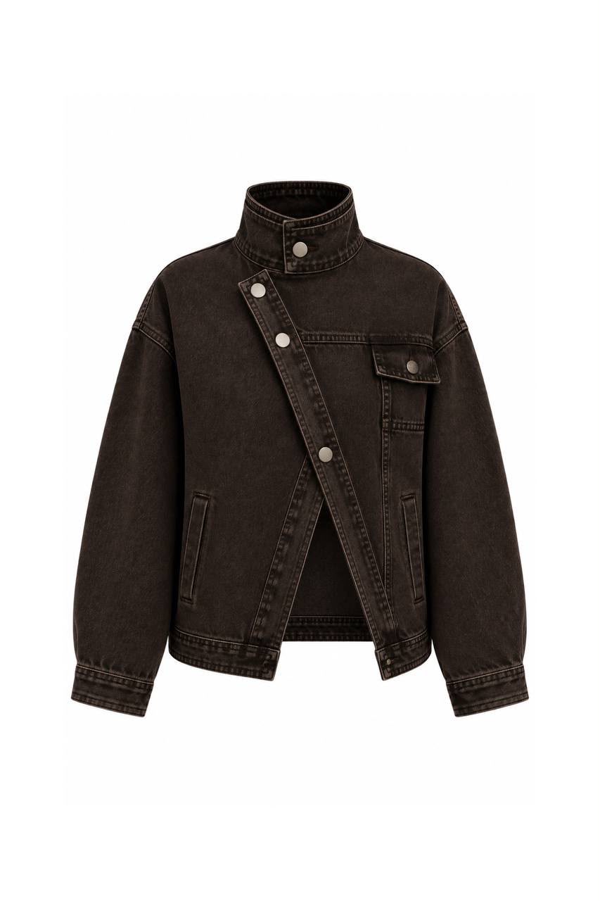 WhatsApp Image 2026-09-21 at 3.41.02 PM Brown Asymmetric Button Denim Jacket - Image 1