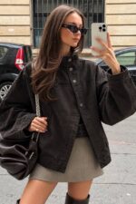 Brown Asymmetric Button Denim Jacket - Image 2